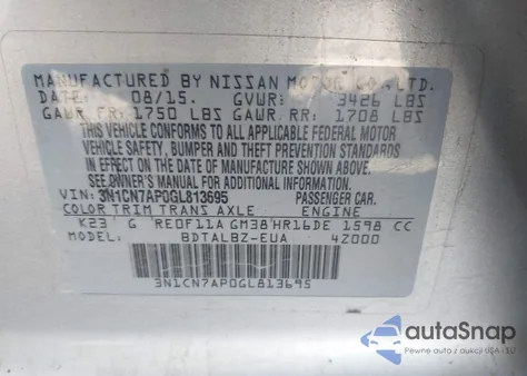 2016 Nissan Versa 1.6 S/1.6 S+/1.6 Sl/1.6 Sv from USA, damaged, VIN 3N1CN7AP0GL813695